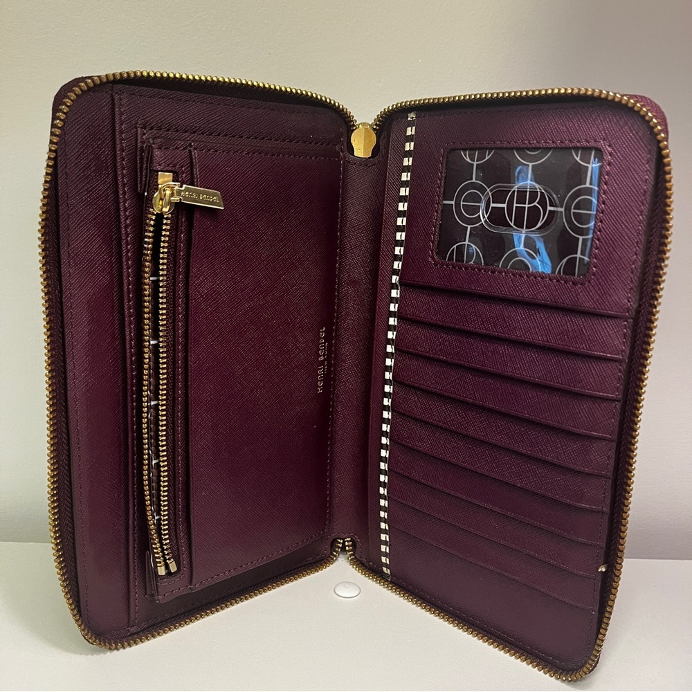 Henri Bendel West 57th Zip Around Continental Wallet Port Brown Saffiano Leather - Picture 3 of 8